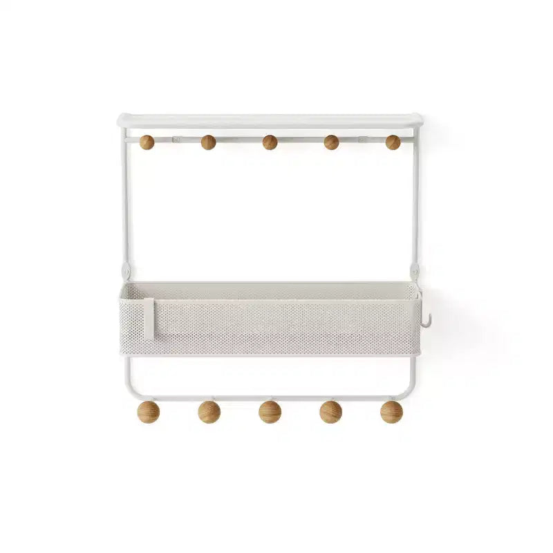 Umbra Antique Shelf With Hooks: White Decorative Wall Shelf, Metal Frame, 10 Hooks, Floating Entryway Storage, 12.5" Width