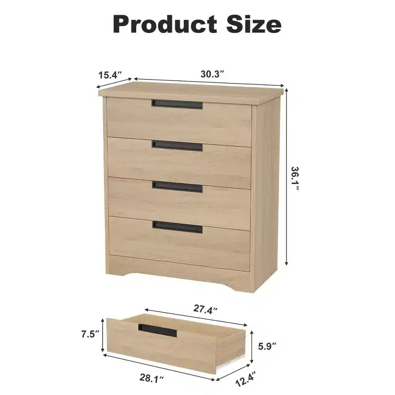 Commode à 4 tiroirs pour chambre à coucher, commode de rangement en bois naturel