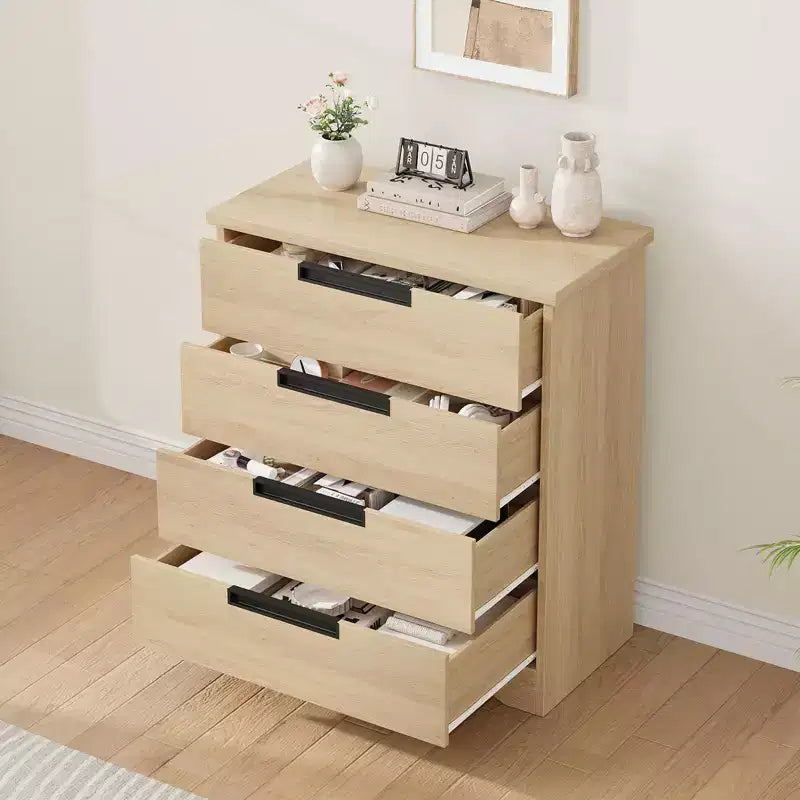 Commode à 4 tiroirs pour chambre à coucher, commode de rangement en bois naturel