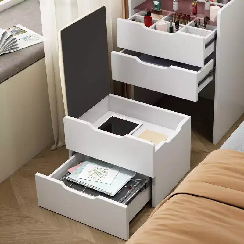 Coiffeuse avec miroir relevable, chaise dissimulée et 3 tiroirs