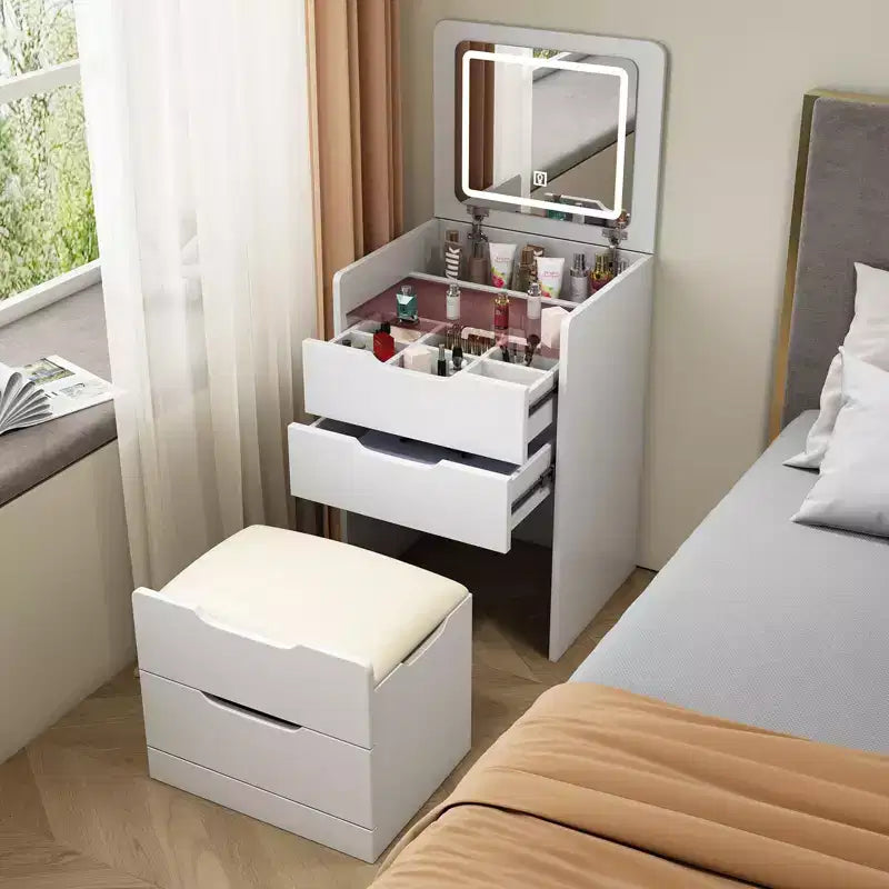 Coiffeuse avec miroir relevable, chaise dissimulée et 3 tiroirs