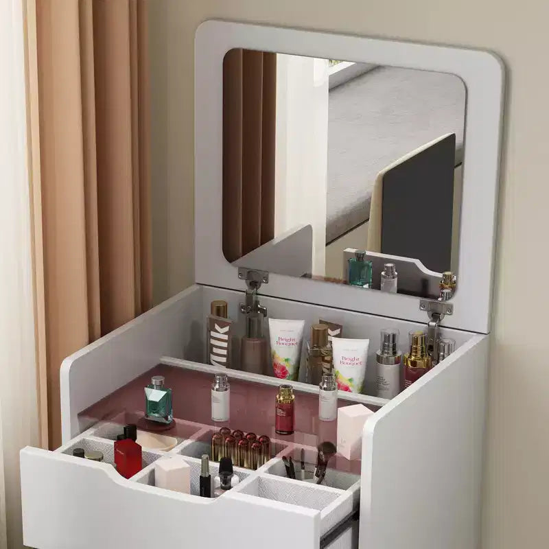 Coiffeuse avec miroir relevable, chaise dissimulée et 3 tiroirs
