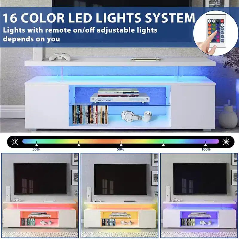 Meuble TV avec lumières LED, meuble de divertissement avec grand plateau