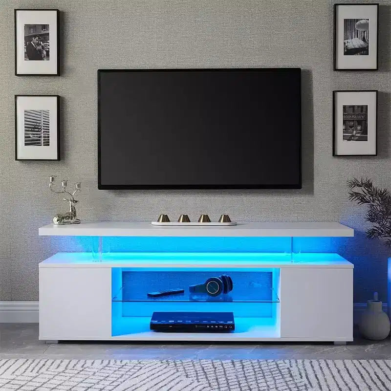 Meuble TV avec lumières LED, meuble de divertissement avec grand plateau
