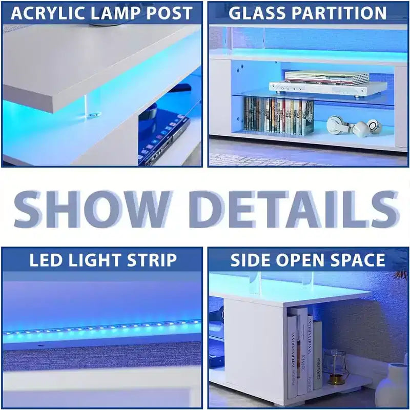 Meuble TV avec lumières LED, meuble de divertissement avec grand plateau