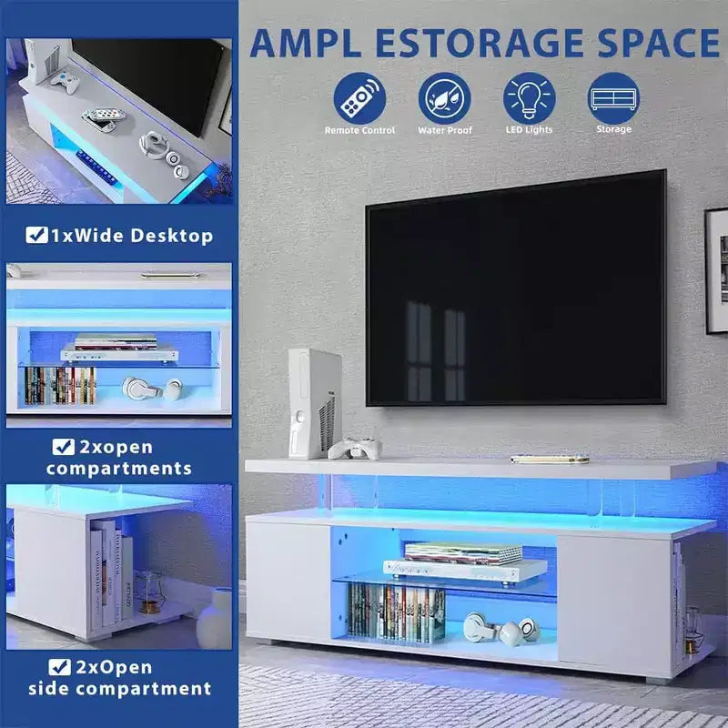 Meuble TV avec lumières LED, meuble de divertissement avec grand plateau