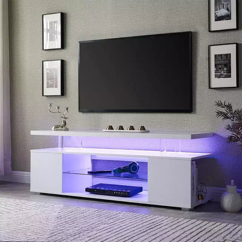 Meuble TV avec lumières LED, meuble de divertissement avec grand plateau