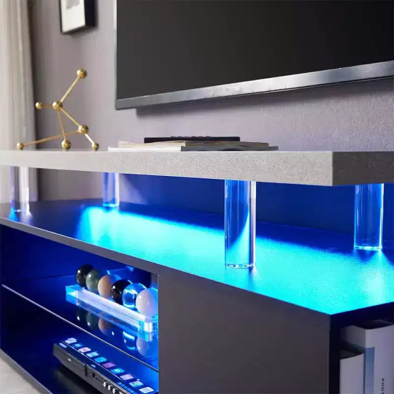 Meuble TV avec lumières LED, meuble de divertissement avec grand plateau