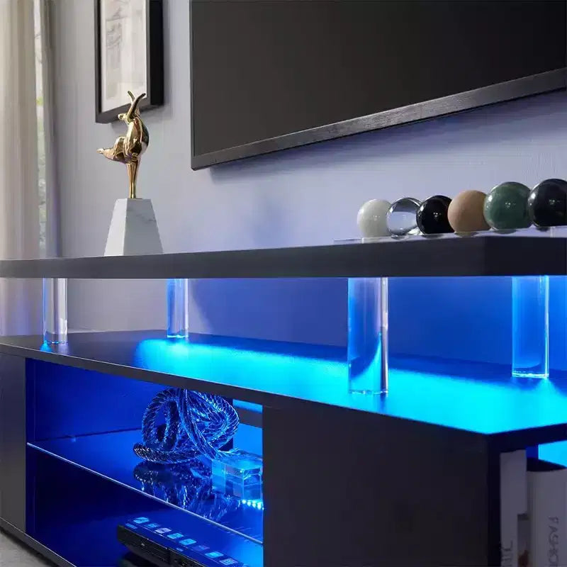 Meuble TV avec lumières LED, meuble de divertissement avec grand plateau