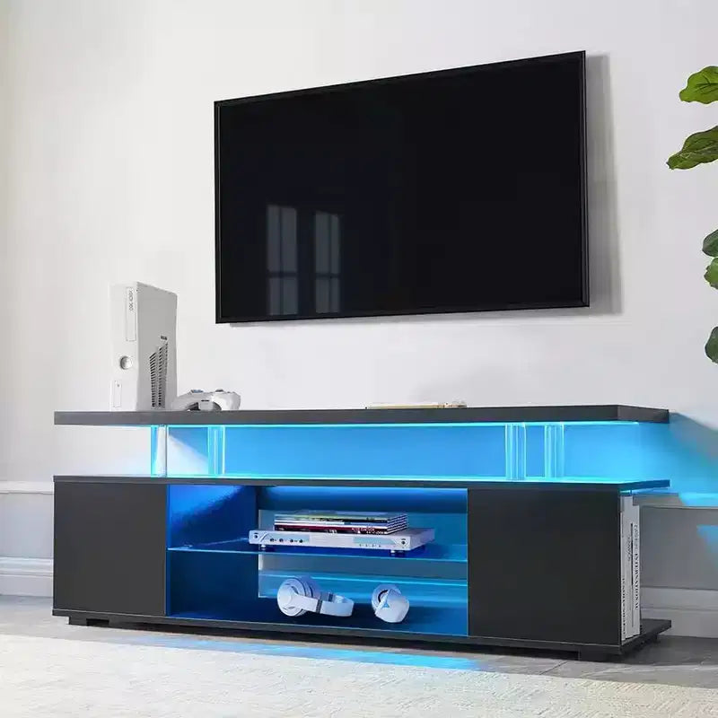Meuble TV avec lumières LED, meuble de divertissement avec grand plateau