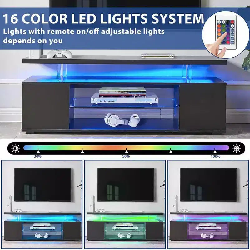 Meuble TV avec lumières LED, meuble de divertissement avec grand plateau