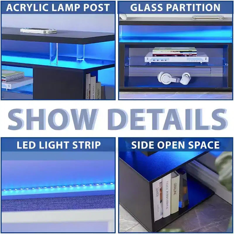 Meuble TV avec lumières LED, meuble de divertissement avec grand plateau
