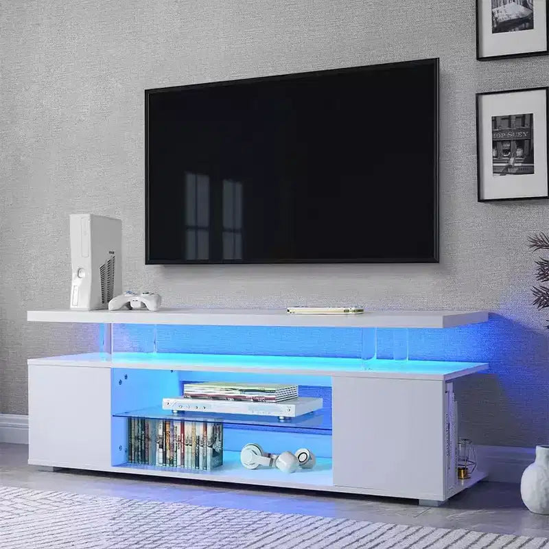 Meuble TV avec lumières LED, meuble de divertissement avec grand plateau