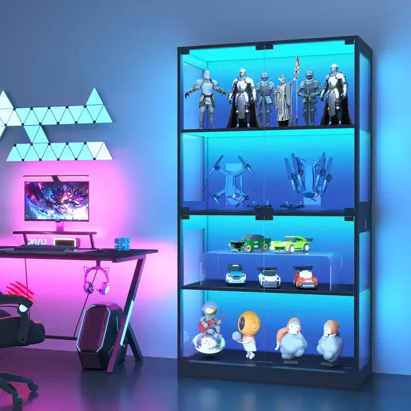 Glass Display Cabinet 4-Tier, Curio Cabinets with Glass Doors, Storage Cabinet with 3 Color Lights, Human Body Sensor & Charging Ports