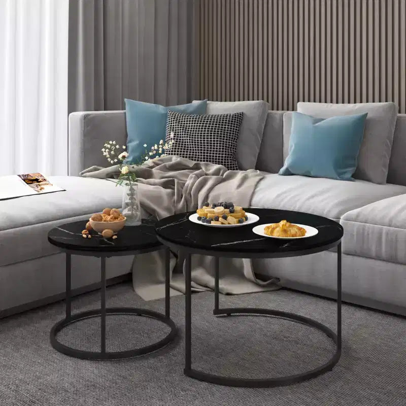Tables basses gigognes, dessus rond motif marbre