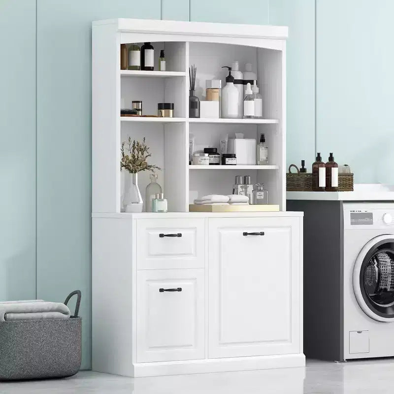 Meuble de rangement de salle de bain avec panier à linge basculant, Organiseur haut