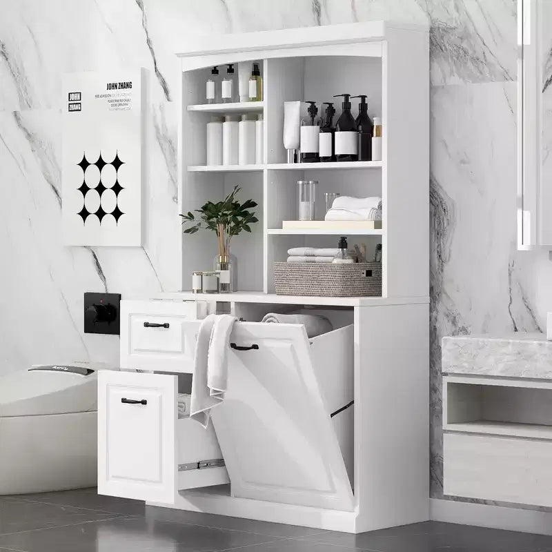 Meuble de rangement de salle de bain avec panier à linge basculant, Organiseur haut
