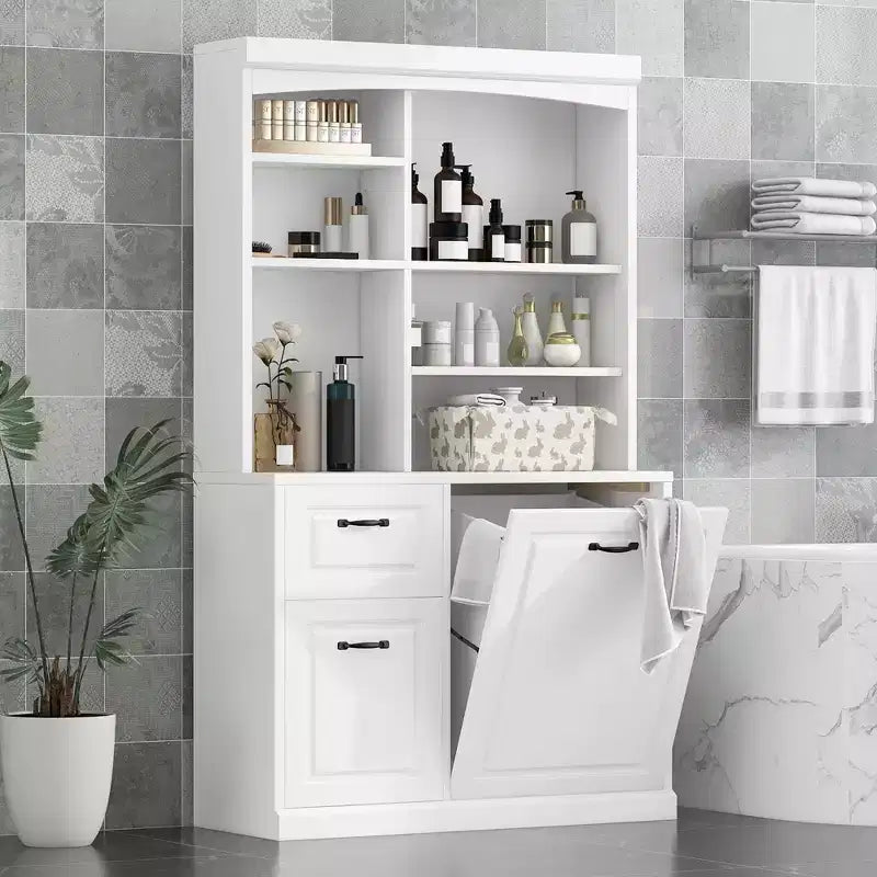 Meuble de rangement de salle de bain avec panier à linge basculant, Organiseur haut