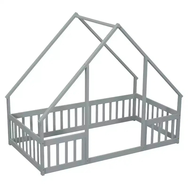 Lit au sol en bois avec cadre de toit et barrières de sécurité, lit enfant stylé