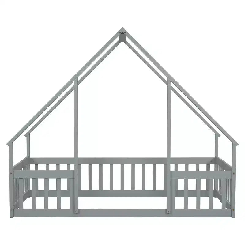 Lit au sol en bois avec cadre de toit et barrières de sécurité, lit enfant stylé
