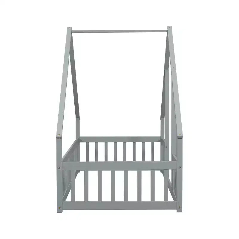 Lit au sol en bois avec cadre de toit et barrières de sécurité, lit enfant stylé
