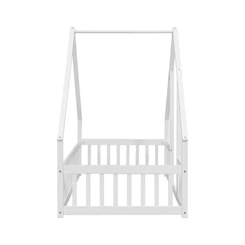 Lit au sol en bois avec cadre de toit et barrières de sécurité, lit enfant stylé