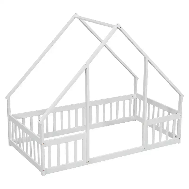Lit au sol en bois avec cadre de toit et barrières de sécurité, lit enfant stylé