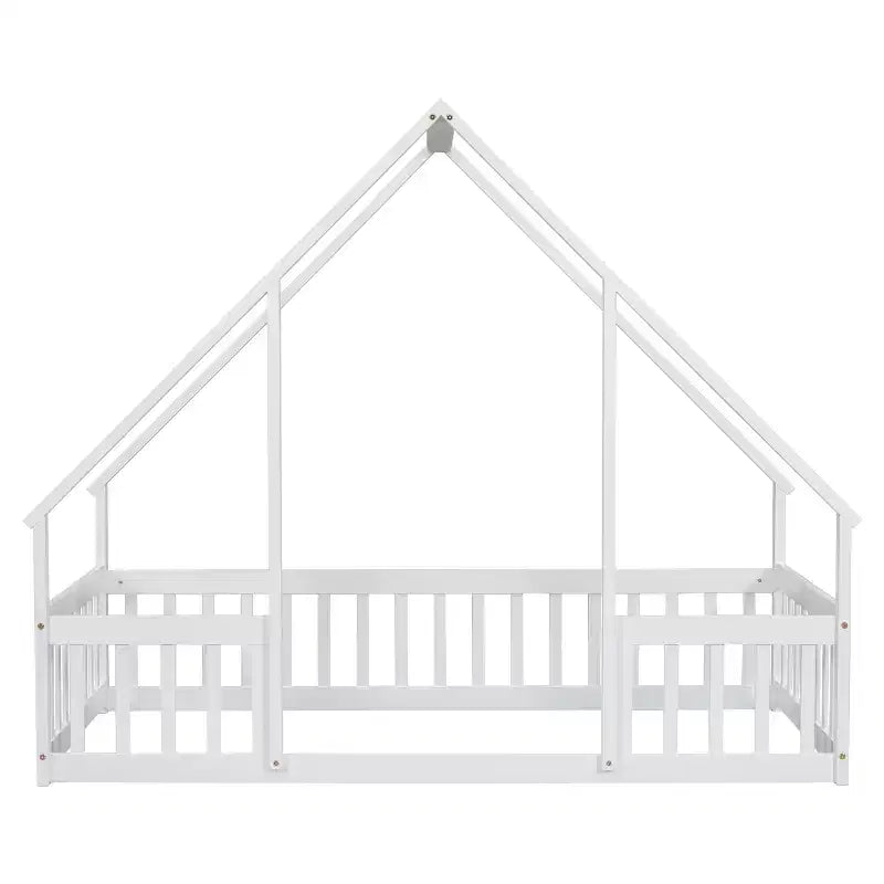 Lit au sol en bois avec cadre de toit et barrières de sécurité, lit enfant stylé