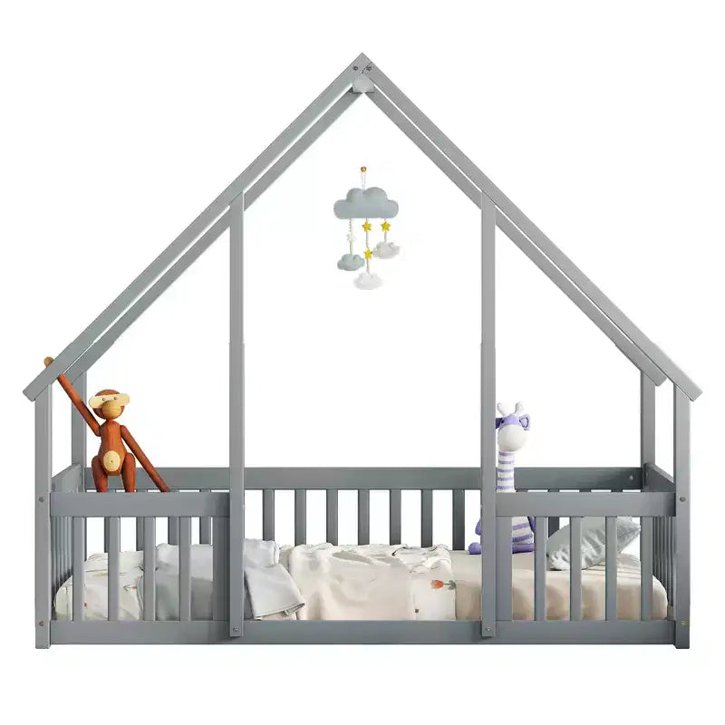 Lit au sol en bois avec cadre de toit et barrières de sécurité, lit enfant stylé
