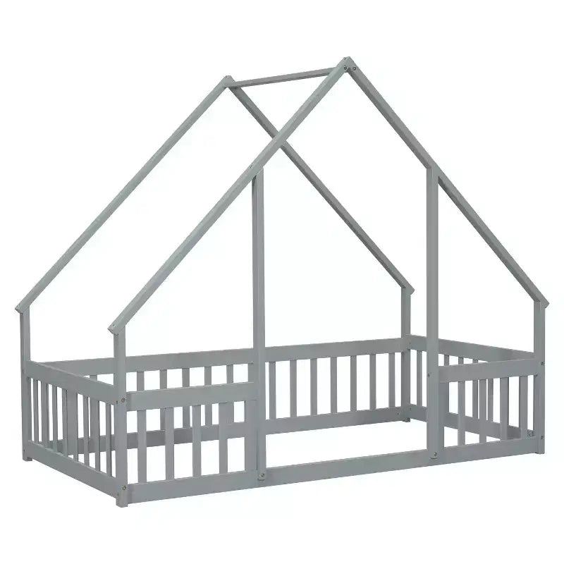 Lit au sol en bois avec cadre de toit et barrières de sécurité, lit enfant stylé