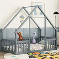 Bellemave Wood House Floor Bed with Roof Frame & Guardrails, Montessori Style Kids Bed, Low Profile Safety Design, Twin/Full Size, Grey/White