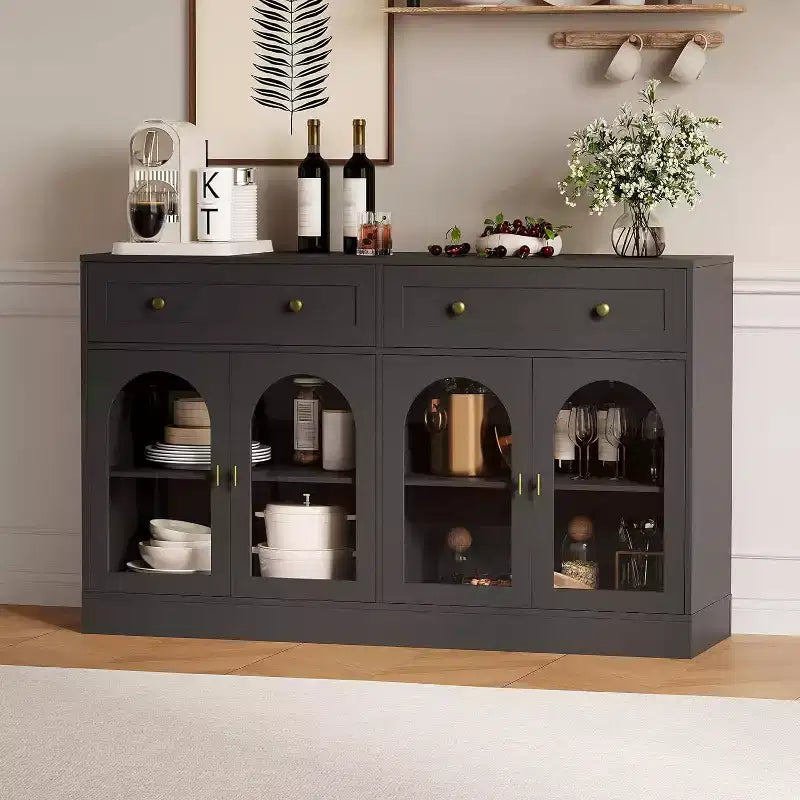 55Inch Buffet Cabinet,Modern Wood Sideboard with Drawers & 4 Transparent Acrylic Doors,TV Console Kitchen Storage Cabinet for Dining Room,Living Room