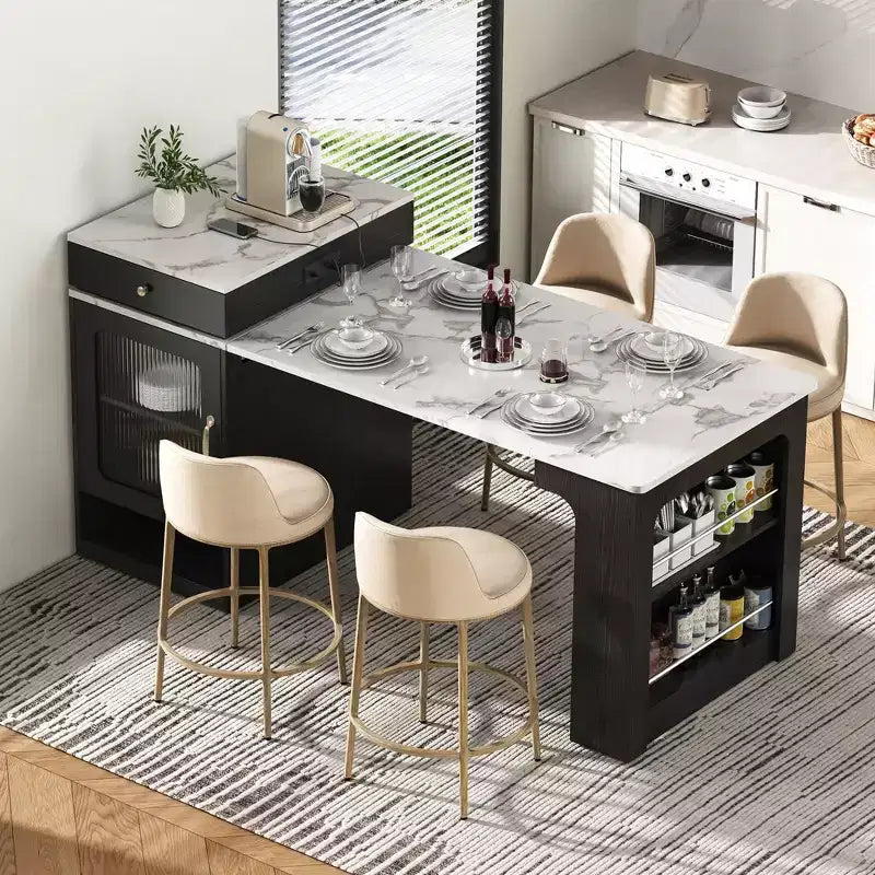 59.5in Kitchen Island with Extendable Dining Storage Table, Double-sided Storage, 2 Drawers, Power Outlet, Side Open Shelves for Dining Room