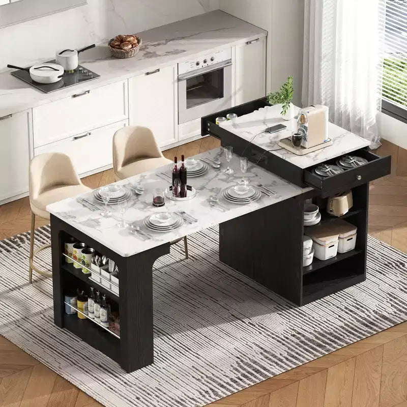 Îlot de cuisine avec table à manger escamotable et rangements