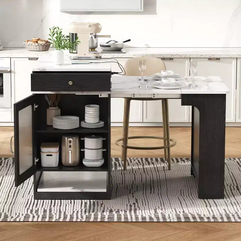 Îlot de cuisine avec table à manger escamotable et rangements