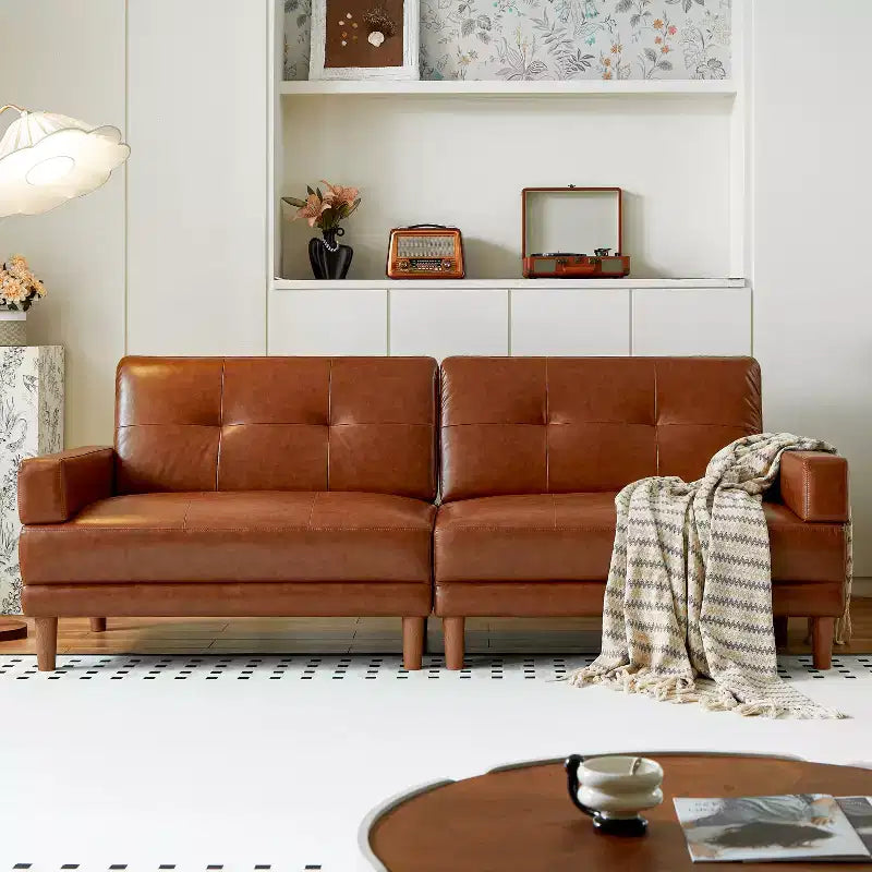 Canapé vintage haut de gamme en cuir huilé marron, style Mid-Century Modern