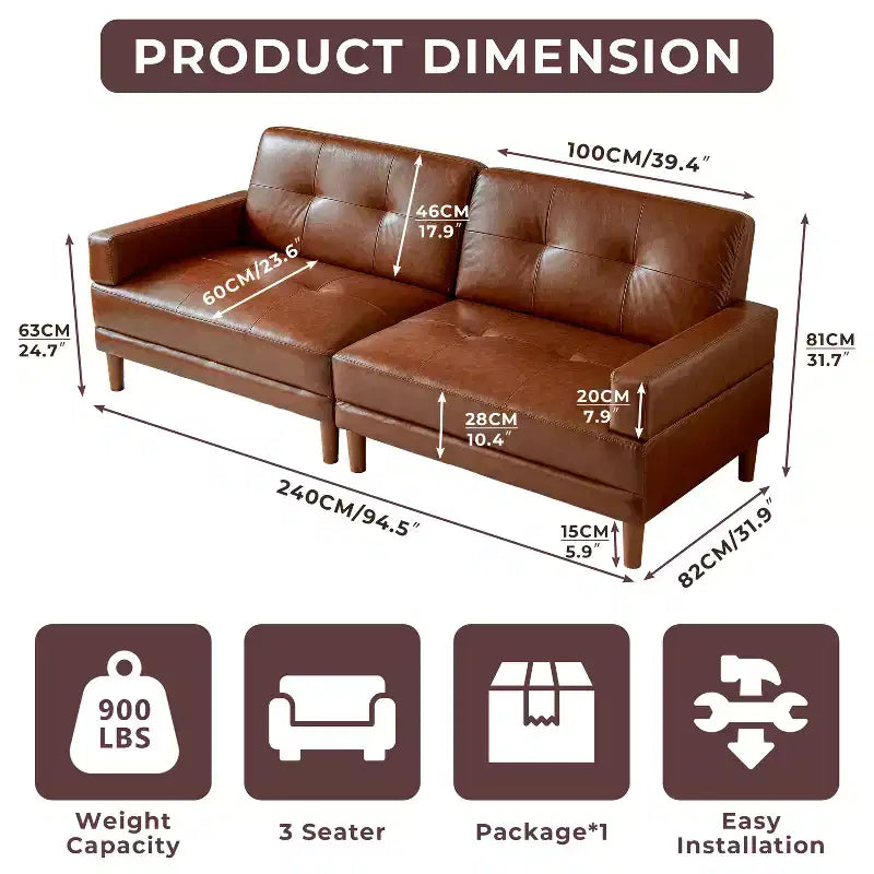 Canapé vintage haut de gamme en cuir huilé marron, style Mid-Century Modern