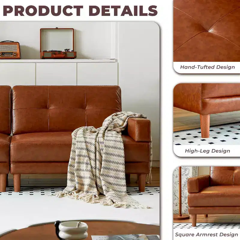 Canapé vintage haut de gamme en cuir huilé marron, style Mid-Century Modern