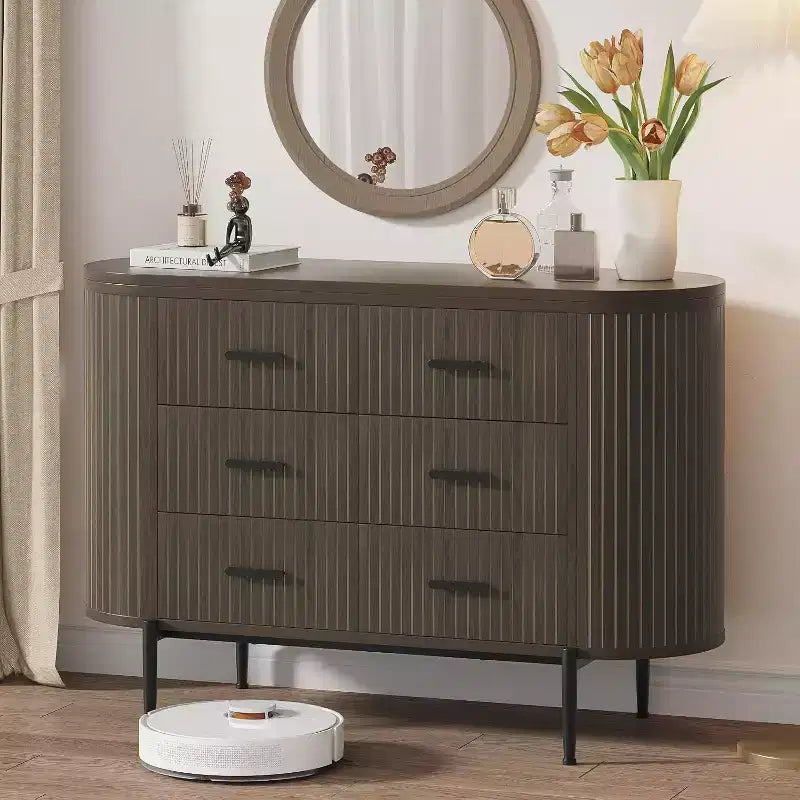 Commode 6 tiroirs cannelée, commode en bois de style Mid-century Modern