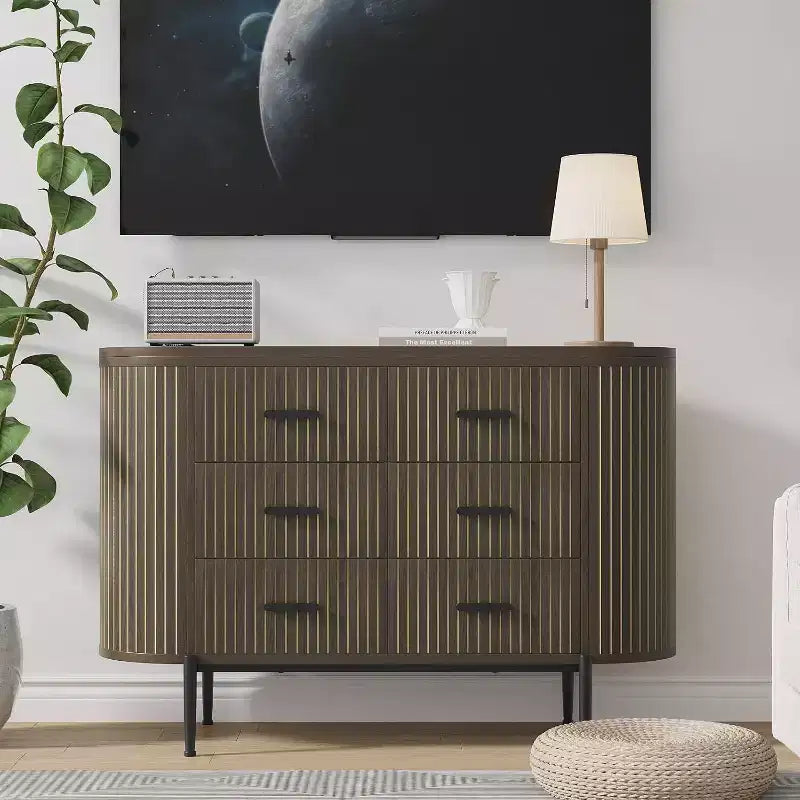 Commode 6 tiroirs cannelée, commode en bois de style Mid-century Modern