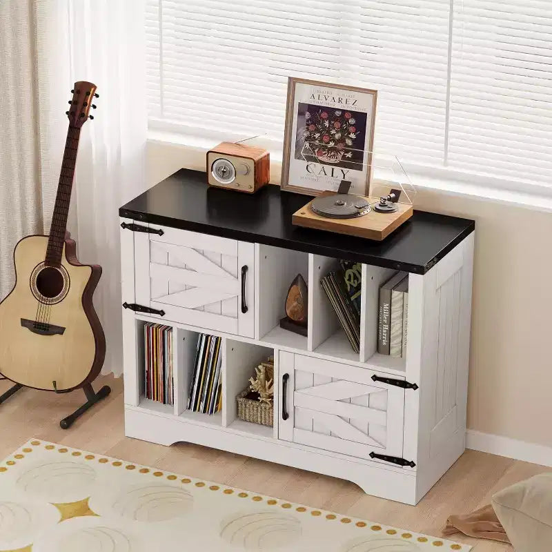 Meuble TV en bois avec 2 portes coulissantes style ferme console multimédia