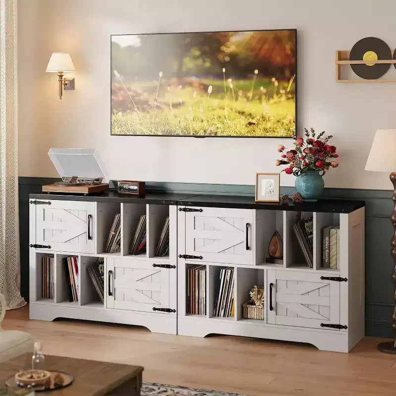 Meuble TV en bois avec 2 portes coulissantes style ferme console multimédia