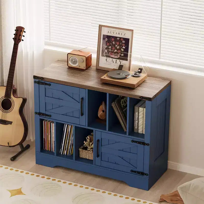 Meuble TV en bois avec 2 portes coulissantes style ferme console multimédia