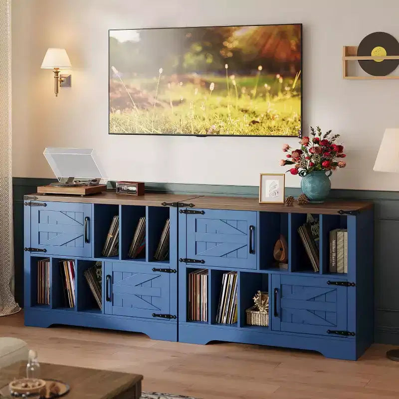 Meuble TV en bois avec 2 portes coulissantes style ferme console multimédia