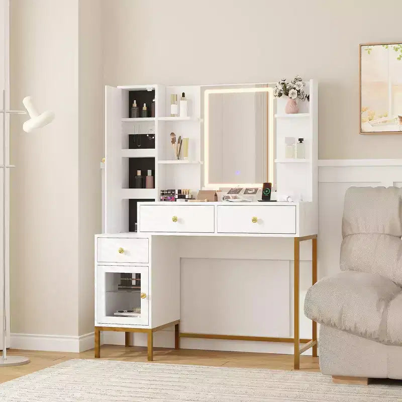 Coiffeuse avec éclairage, bureau de maquillage avec tabouret rembourré et confortable