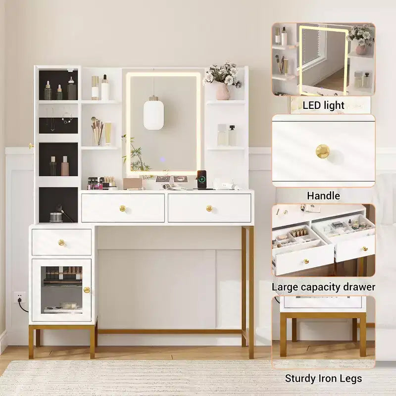 Coiffeuse avec éclairage, bureau de maquillage avec tabouret rembourré et confortable