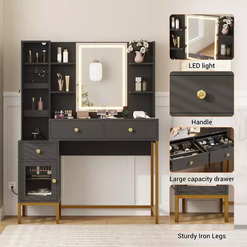 Coiffeuse avec éclairage, bureau de maquillage avec tabouret rembourré et confortable