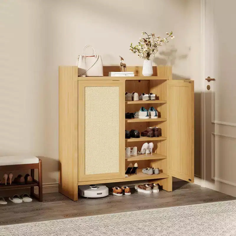 Rattan Shoe Storage Cabinet  Farmhouse Freestanding Organizer with Adjustable Shelves for Entryway, Hallway & Bedroom