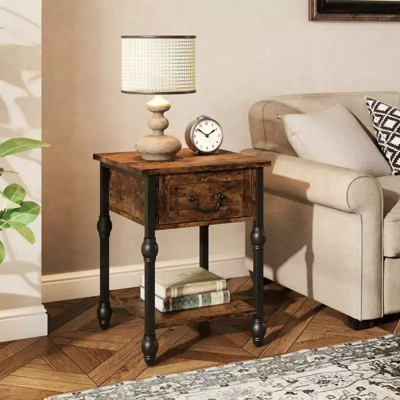 COZONY Industrial End Table with Drawer, 2-Tier Nightstand Side Table for Bedroom Living Room, 15.75