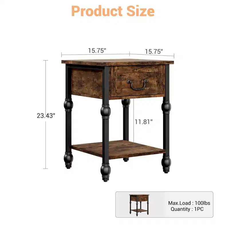 Table d'appoint industrielle avec tiroir, table de chevet à 2 niveaux